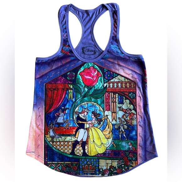 DISNEY Beauty Beast Stained Glass Tale As Old As Time Purple Racerback Tank Top - Picture 1 of 5
